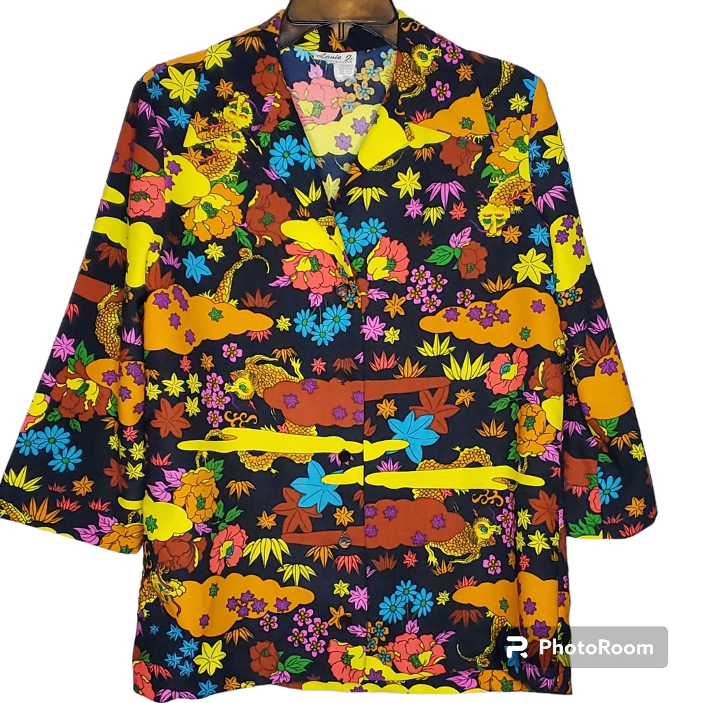 Vintage 60s 70s Lanie J‎ top vibrant colors Chinese dragon floral funky print
